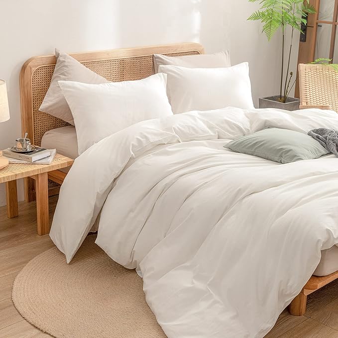 BESTOUCH Duvet Cover Set 100% Washed Cotton Linen Feel Super Soft Comfortable Chic Lightweight 3 PCs Home Bedding Set Solid Off White Oversized King