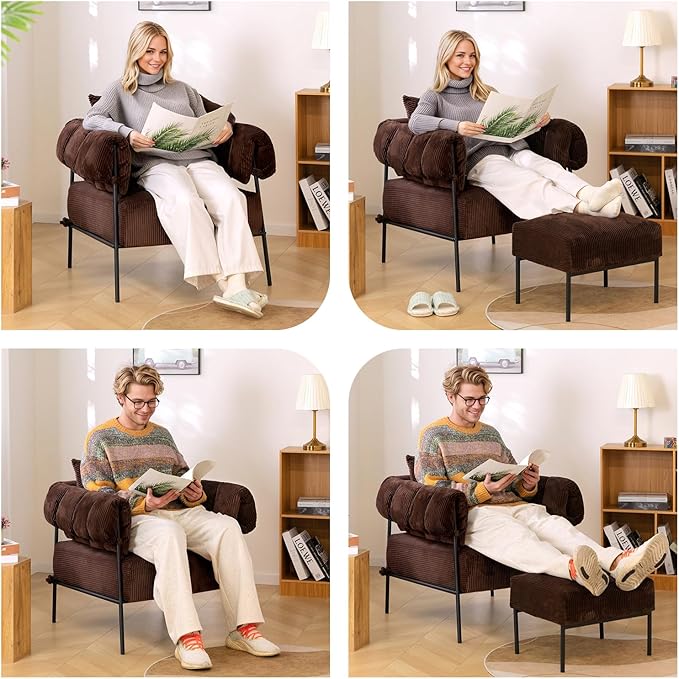 HollyHOME Modern Velvet Accent Chair with Ottoman, Upholstered Comfy Reading Chair and Footstool, Fabric Large Lazy Arm Chair and Stool, Lounge Sofa Chair for Living Room, Bedroom, Coffee Chair&Stool