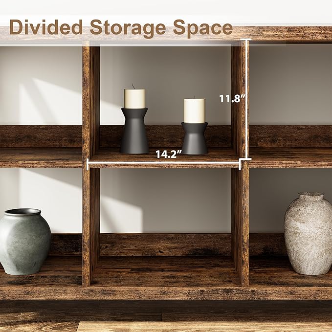 GarveeHome 8 Cube Storage Organizer Bookshelf, 3 Tier Metal Horizontal Bookcase, 62 Inch Console Bookshelf, Industrial Storage Bookcase for Entryway, Long Low Bookshelves for Living Room-Retro Brown