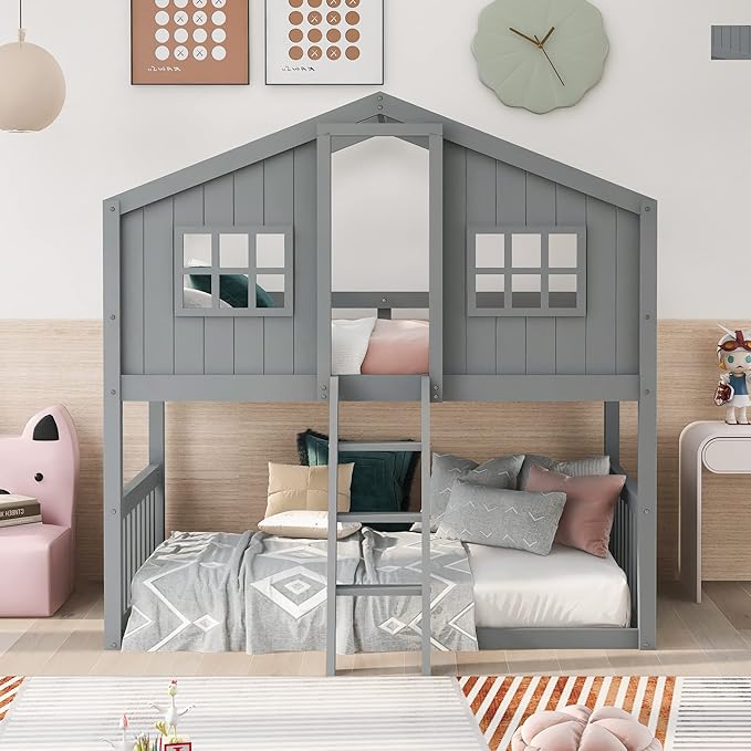Ball & Cast Twin Over Twin Size House Bunk with Ladder and Window,Wood Bunkbed w/Full-Length Guard Rail & Ladder,Slat Support,Space Saving,Bedroom Furniture for Student Dorms,Gray