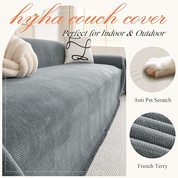 hyha Couch Cover for Dogs, Boho Sofa Covers for 3 Cushion Couch Washable, Chenille Sofa Slipcover for Pets, Soft Loveseat Sectional Couch Throw Blankets with Tassels (Grey, 71x150 Inch)