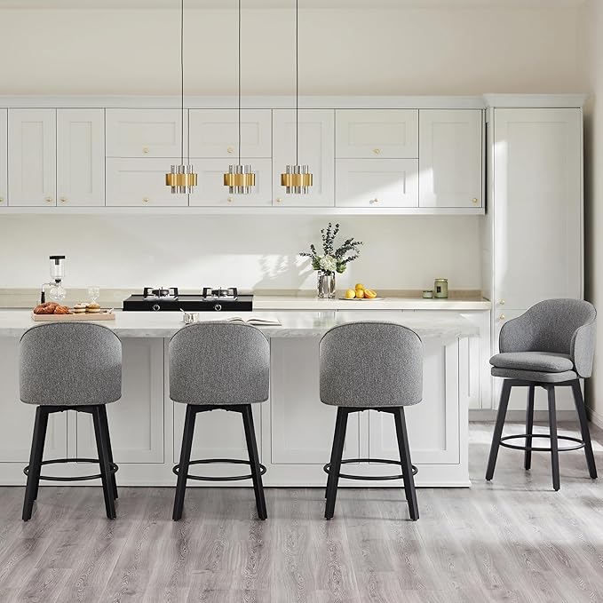 Counter Height Barstools 26 inch Upholstered Swivel Bar Stools with Back and Wood Legs for Kitchen Island,Set of 2,Dark Grey Fabric