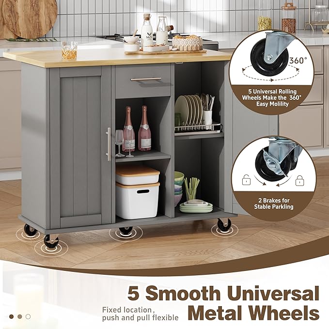 Shintenchi Kitchen Island with Storage, Bar Cart Cabinet Island Table on Wheels, Rolling Microwave Cart for Kitchen with Drop Leaf, Drawers, Towel Rack, Seating Area for Dining Room, Gray