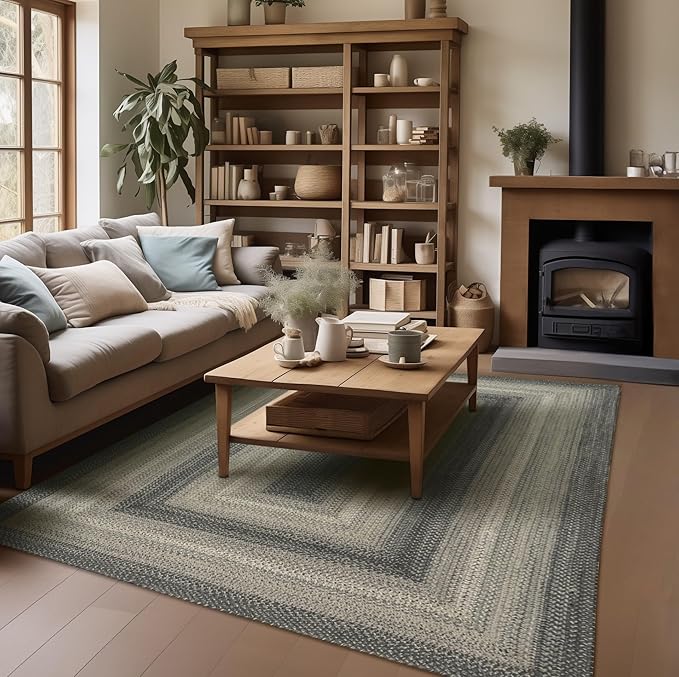 Homespice Flint Hill Braided Area Rug 6x9' - Gray Dining Room Rugs for Under Table for Primitive Decor
