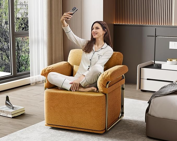 KEIKI Modern Comfy Swivel Accent Reading Chair with Waist Pillows, 360°Square Upholstered Barrel Armchair Single Club Lounge Sofa Chairs for Living Room,Bedroom,Office,Orange