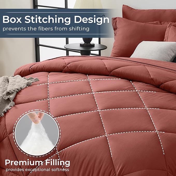 HEVUMYI Terracotta King Comforter Set - 7-Piece All Season Bed in a Bag King, Ultra Soft Bedding Set with Comforter, Flat Sheet, Fitted Sheet, Pillowcases, Pillow Shams