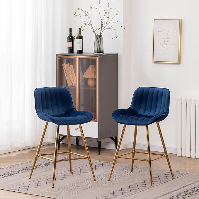 Sidanli Blue Bar Stools Set of 2, 24 Inch Velvet Counter Height Bar Stools with Footrests, Modern Bar Chairs for Home, Kitchen Island, Dining Room