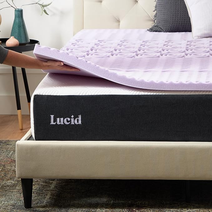 Lucid Lavender Infused 2 Inch Memory Foam Mattress Topper - King Size - Plush Feel - 5 Convoluted Zones - CertiPUR Certified - New Home Owner & Dorm Room Essentials