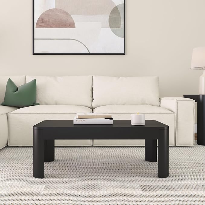 Plank+Beam Small Modern Rounded Coffee Table, 40 Inch, Solid Wood Contemporary Center Table for Living Room, Rectangle Tea Table, Black