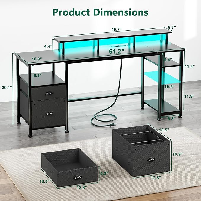 Furologee 61" Gaming Desk with Power Outlets & LED Lights, Reversible Computer Desk with File Cabinet & Monitor Stand for Home Office, Large Work Table with Storage Shelves & Drawer, Black