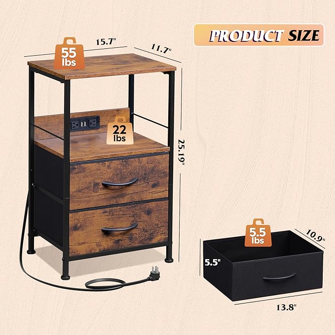 WLIVE Night Stand with Charging Station, LED Nightstand with 2 Fabric Drawers and Storage Shelf, Small Bedside Tables for Small Spaces, Dresser for Bedroom, Rustic Brown