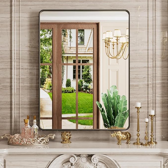 Black Bathroom Mirror 28X36 Inch, Black Metal Framed Mirror for Wall, Rounded Rectangle Matte Bathroom Vanity Mirror with Tempered Glass, Anti-Rust, Horizontal/Vertical