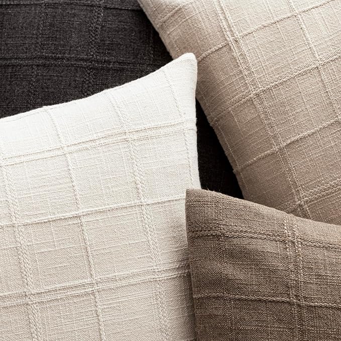 Foindtower Set of 2 Decorative Linen Check Throw Pillow Covers Neutral Farmhouse Vintage Cushion Covers Modern Boho Home Decor for Sofa Chair Couch Bedroom Living Room Outdoor,20×20 Inch,Charcoal