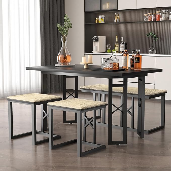 VECELO 43.3" Dining Table Sets, Farmhouse Small Kitchen Table for 4 with 2 Benches Wicker Mats,Metal Frame Space-Saving Adjustable Feets Coffee Table for Home Kitchen Dining, Pitch Black