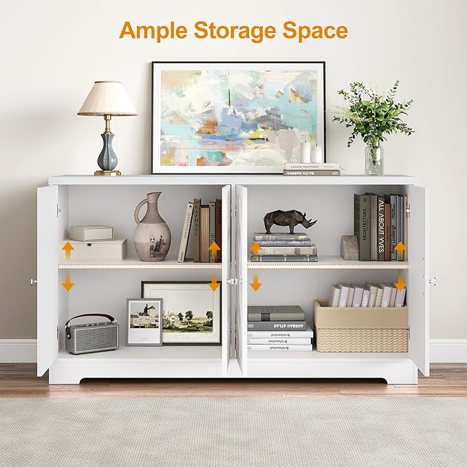 Sideboard Buffet with 4 Doors, Mid-Century Sideboard Cabinet with Adjustable Shelves, Accent Cabinet for Entryway, Living Room, Dining Room, White