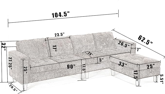 Ball & Cast 104.5" L Shaped Sectional Couch with Storage Ottoman, Chenille Upholstered 5 Seat Modular Sofa with Reversible Chaise for Living Room, Easy Assembly, Gray