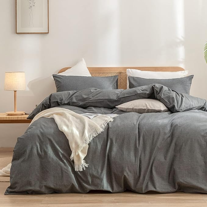 BESTOUCH Duvet Cover Set 100% Washed Cotton Linen Feel Super Soft Comfortable Chic Lightweight 2 PCs Home Bedding Set Solid Dark Grey Twin/Twin XL