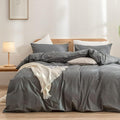 BESTOUCH Duvet Cover Set 100% Washed Cotton Linen Feel Super Soft Comfortable Chic Lightweight 3 PCs Home Bedding Set Solid Dark Grey Oversized King