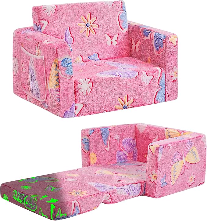 Toddler Chair Comfy,2-in-1 Soft Toddler Couch Fold Out for Kids,Convertible Sofa to Lounger,Gift for Girls and Boys Birthday,Butterfly
