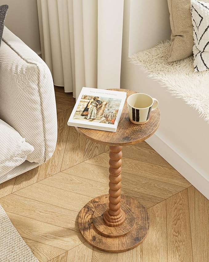 Masupu Round Side Table, Small End Table for Small Spaces, Pedestal Drink Table with Solid Wood Leg for Living Room, Bedroom, Corners(Rustic Brown)