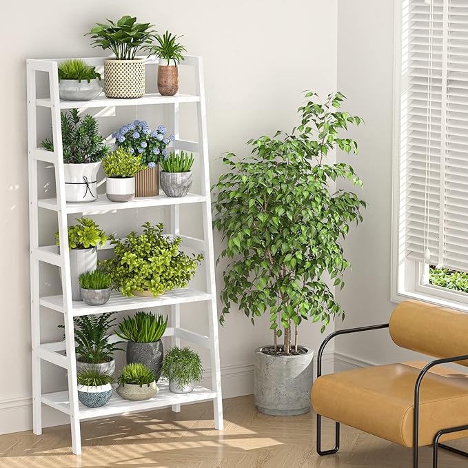 Homykic Bamboo White Bookshelf 4-Tier Ladder Shelf, 49.2” Freestanding Open Bookcase Book Shelf Bathroom Storage Shelf Unit Plant Stand for Small Space, Bedroom, Living Room, Home Office
