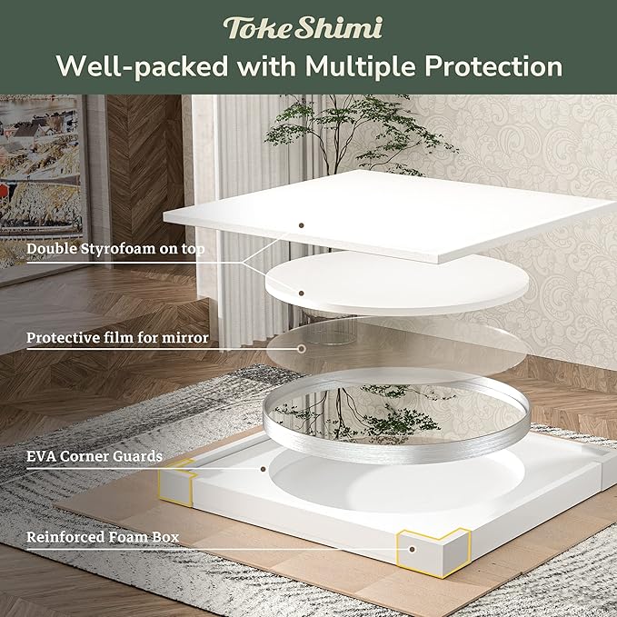 TokeShimi Round Mirror 24 Inch Brushed Silver Round Bathroom Mirror for Wall Non-Rusting Aluminum Alloy Brushed Silver Matte Metal Frame Modern Circle Mirror Multi Style Home Decor