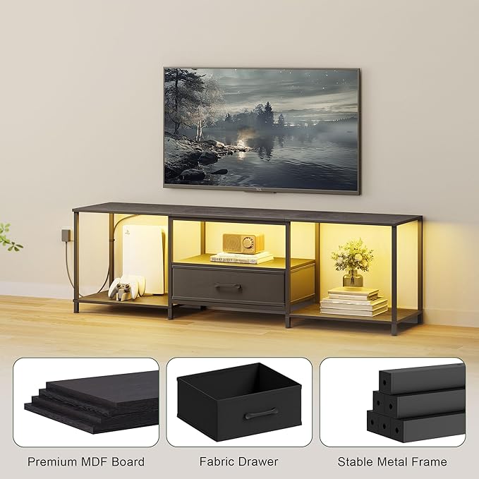 TV Stand with LED Lights, Entertainment Center with Open Shelves and Fabric Drawer, Media Console for 80 Inch TV, Television Stands for Living Room, Bedroom, Black