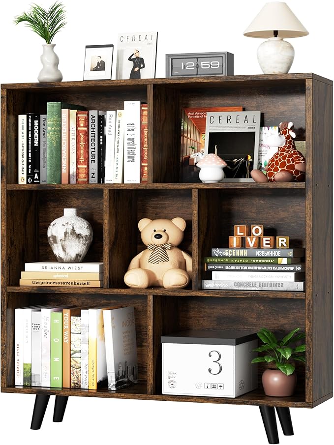 Shintenchi Cube Storage Organizer, 3 Tier Mid-Century Bookcase with Legs Cubeicals Retro Wood Organizer Storage Bookcase, Freestanding Open Book Shelves for Bedroom,Living Room,Office(Brown)