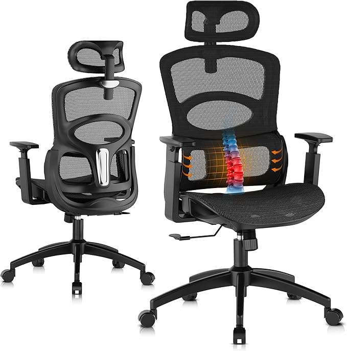 GABRYLLY Ergonomic Office Chair, High-Back Desk Chairs with Adjustable Lumbar Support, Headrest, Tilt Function, Soft Wide Seat and 3D Armrest, 300 LBS Sturdy Home Mesh Chair Task Chairs, GY1070