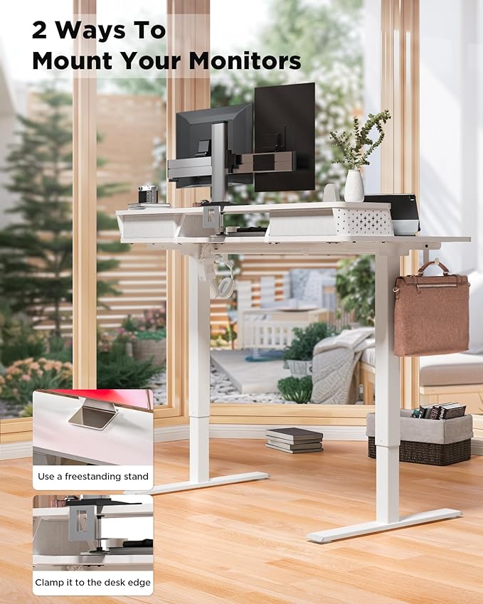 55x24 Inch Standing Desk with Double Drawers, C-Clamp Mount Compatible, Electric Adjustable Height Computer Stand Up Desks, Home Office Sit Stand Table with 3 Preset Heights & 2 Hooks, White