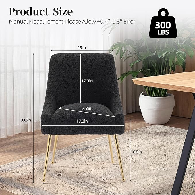 Modern Velvet Dining Chairs Set of 6, Contemporary Upholstered Furniture Collection with Polished Gold Metal Legs, Elegant Accent Chairs for Kitchen Living Room(Teddy Fleece,Black)
