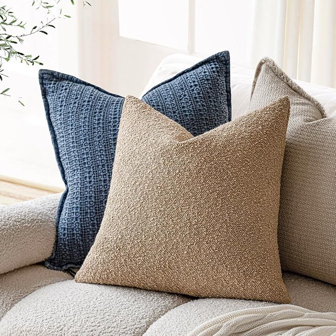 Foindtower Set of 2, Decorative Textured Boucle Throw Pillow Covers Accent Solid Pillow Cases Soft Cozy Couch Cushion Case for Chair Sofa Bedroom Living Room Home Decor 24 x 24 Inch Taupe Khaki Camel