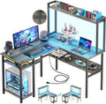 Unikito L Shaped Gaming Desk with LED Strip and Power Outlets, Reversible L-Shaped Computer Desk with Storage Shelves, Corner Desk with Hutch, 2 Person Home Office Desk, Black Oak