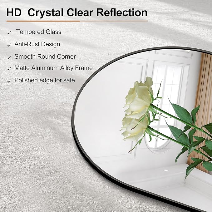 Arched Bathroom Mirror, 16"x48" Black Arched Mirror for Bathroom, Wall Mounted Mirror, Gold Vanity Wall Mirror w/Metal Frame for Bedroom, Entryway, Living Room, Vertically Hanging