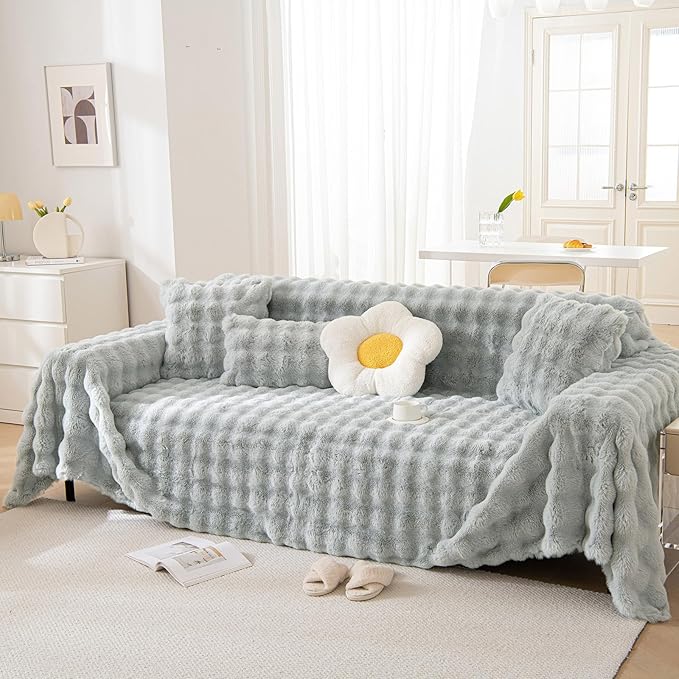 VM VOUGEMARKET Thick Faux Rabbit Fur Couch Cover 1-Piece Non-Slip Warm Soft Cozy Sofa Covers,Fluffy Plush Sofa Slipcover Furniture Protector for Kids,Pets(Grey,71" x 118")