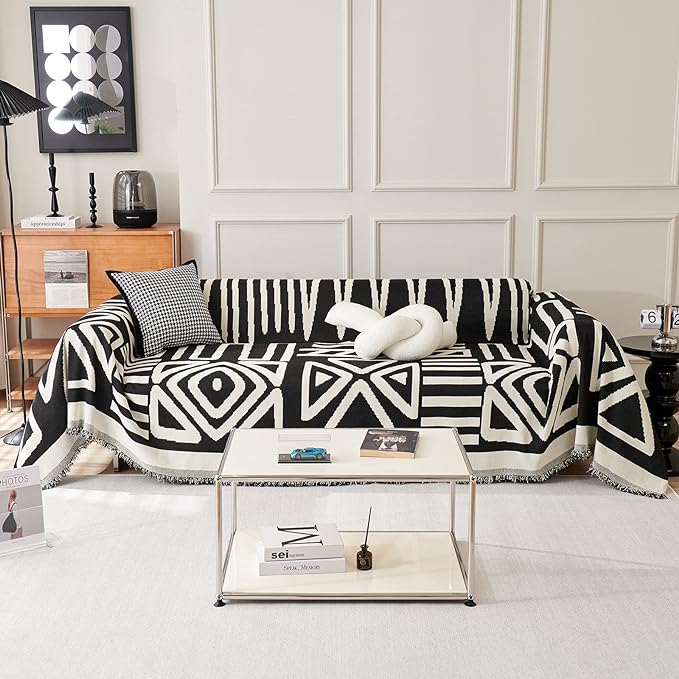 STACYPIK Modern Boho Sofa Cover for Dogs Chenille Couch Cover with Tassels Reversible Anti Slip Sofa Slipcover for 3 Cushion Couch Soft Black Beige L Shaped Cover Multi-Use Throw Blankets-71X134IN