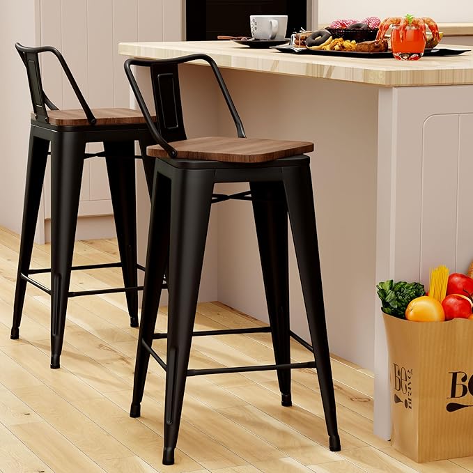 24 Inch Swivel Bar Stools Set of 2 with Backs Counter Height Industrial Metal Barstools Island Bar Chairs for Home Kitchen Dining Room (Swivel 24 inch,Matte Black Wooden)