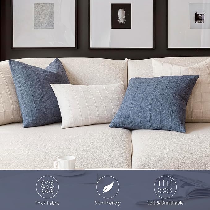 Foindtower Set of 2 Decorative Linen Check Throw Pillow Covers Neutral Farmhouse Lumbar Cushion Covers Modern Coastal Boho Home Decor for Sofa Chair Couch Bedroom Living Room Outdoor,12×20 Inch,Blue