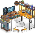 Small L Shaped Gaming Desk with Power Outlets, 48" Reversible L Shaped LED Computer Desk with Monitor Stand & Storage Shelf, Corner Gamer Desk Home Office Desk with Storage Bag, Rustic Brown