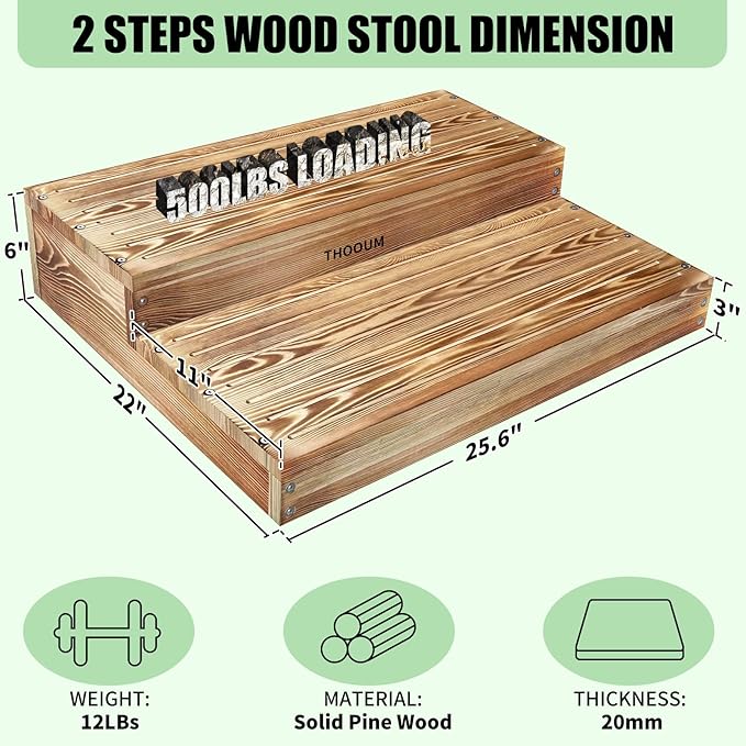 Wooden 2 Step Stool for High Beds, Moderate & Applicable 2-Step Stools for Seniors, Solid Wood steppingStool, Built-in Handle for Easy Carrying, 25.6" W