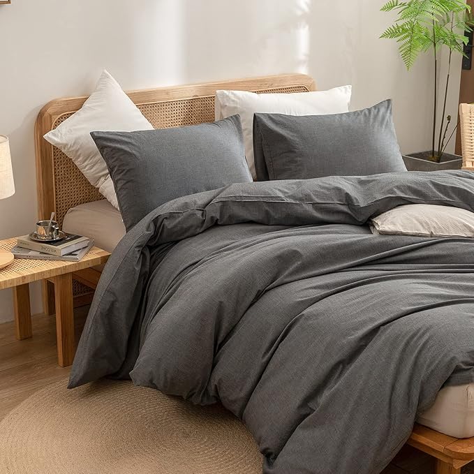 BESTOUCH Duvet Cover Set 100% Washed Cotton Linen Feel Super Soft Comfortable Chic Lightweight 3 PCs Home Bedding Set Solid Dark Grey Super King Plus