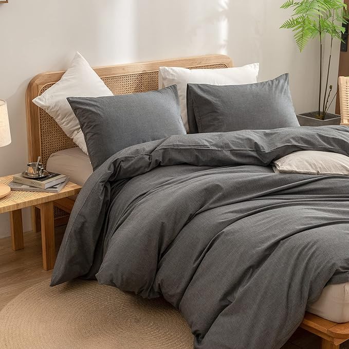 BESTOUCH Duvet Cover Set 100% Washed Cotton Linen Feel Super Soft Comfortable Chic Lightweight 3 PCs Home Bedding Set Solid Dark Grey Super King