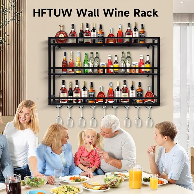 Metal Wine Rack Wall Mounted, Bar Shelves for Liquor Bottles with LED Light, 3 Tier Large Capacity Liquor Rack Wall Mounted with Glass Holder for Home Bar & Dining Room （Gold, 31in/80cm）
