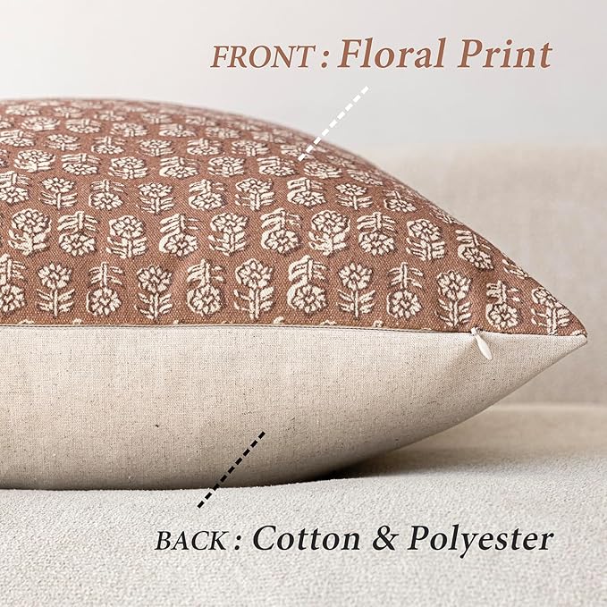 Foindtower Set of 2 Decorative Vintage Floral Print Throw Pillow Covers Neutral Farmhouse Cushion Covers Boho Home Decor for Sofa Couch Chair Bedroom Living Room Outdoor,24×24 Inch,Light Orange Brown