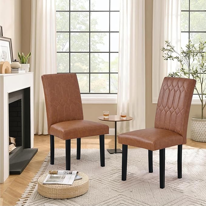 VECELO Upholstered Dining Chairs Set of 2, Modern PU Leather Accent Parsons, Solid Wood Legs w/Rubber Footpads, for Living Room Kitchen, Brown