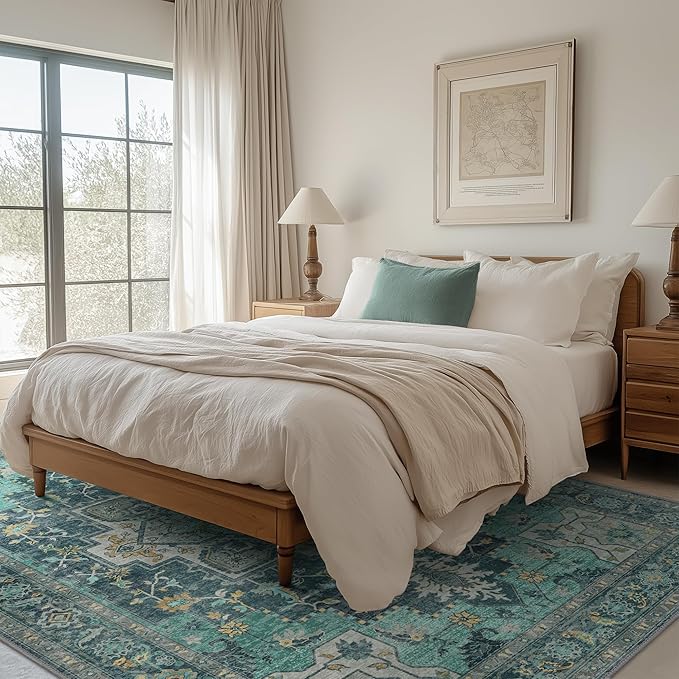 GENIMO 10x12 Area Rugs for Living Room, Machine Washable Non Slip Vintage Rugs, Low Pile Lightweight Chenille Print Rug for Bedroom, Dining Room, Home Office, Dark Green