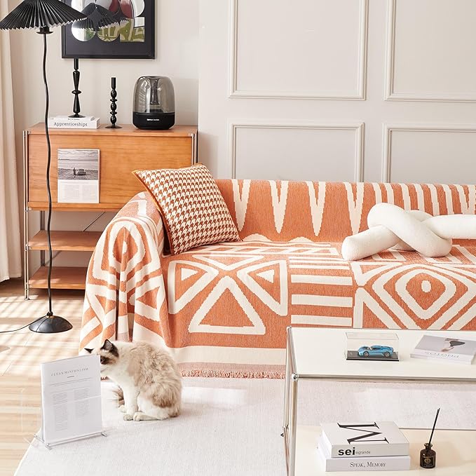 HANDONTIME Orange Sofa Covers for Loveseat, 3 Cushion Couch, Boho Style, Soft Chenille, Dog-Friendly, Thick Washable, 91" X134"