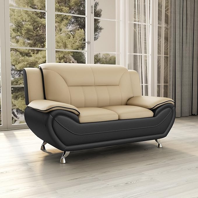 Container Furniture Direct Michael Modern Faux Leather Upholstered Stainless Steel Legs Living Room Loveseat, Black Camel