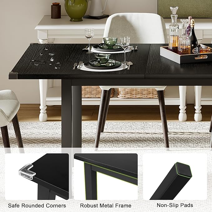 Feonase 63 Inch Extendable Kitchen Table, Modern Farmhouse Dining Table for 4-8, Wooden Dining Room Table for Small Space, Dining Room, Home Office, Living Room Furniture,Black