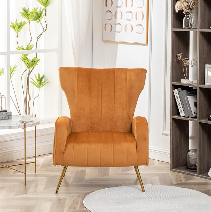 Container Furniture Direct Modern Velvet Accent Chair, Channel Tufted Bedroom, Office or Living Room Furniture with Elegant Metal Legs, 26" Wide Armchair, Mustard Yellow